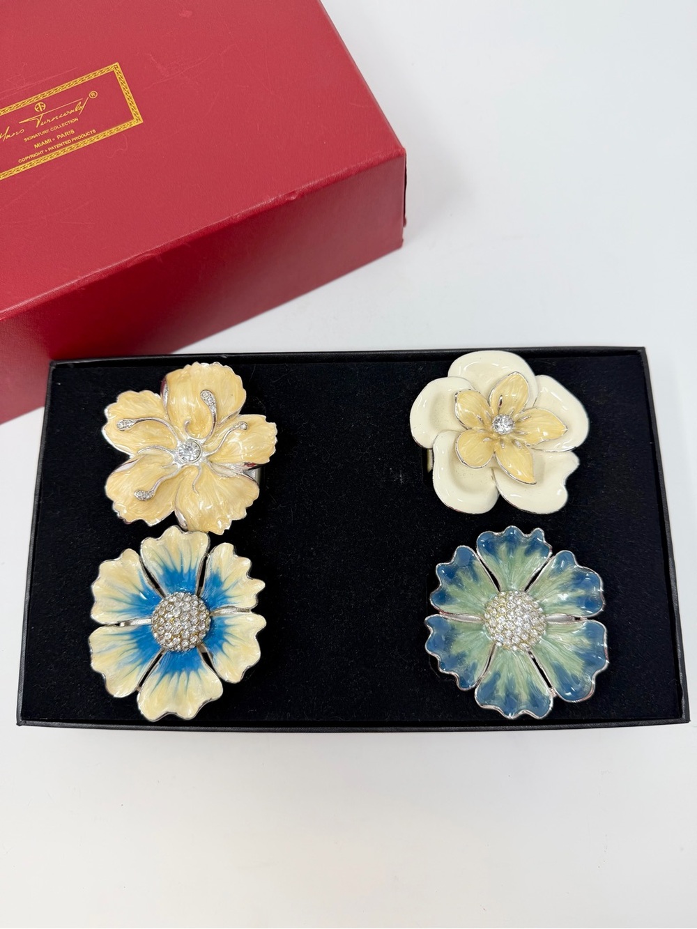 Vintage Hans Turnwald Enamel Floral Napkin Rings Set of 4